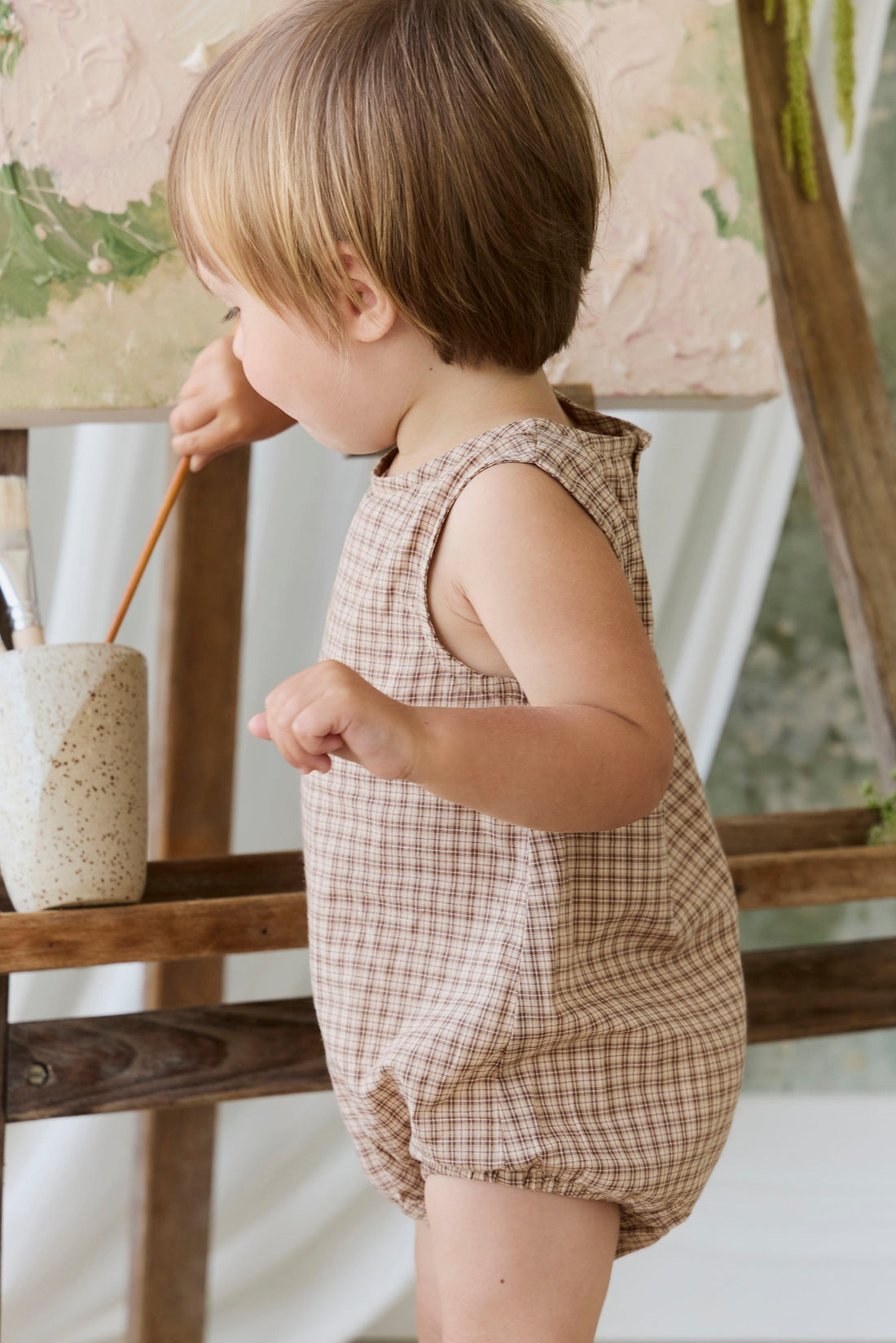 Organic Cotton Bentley Playsuit - Cabin Check Cocoa Childrens Playsuit from Jamie Kay Australia
