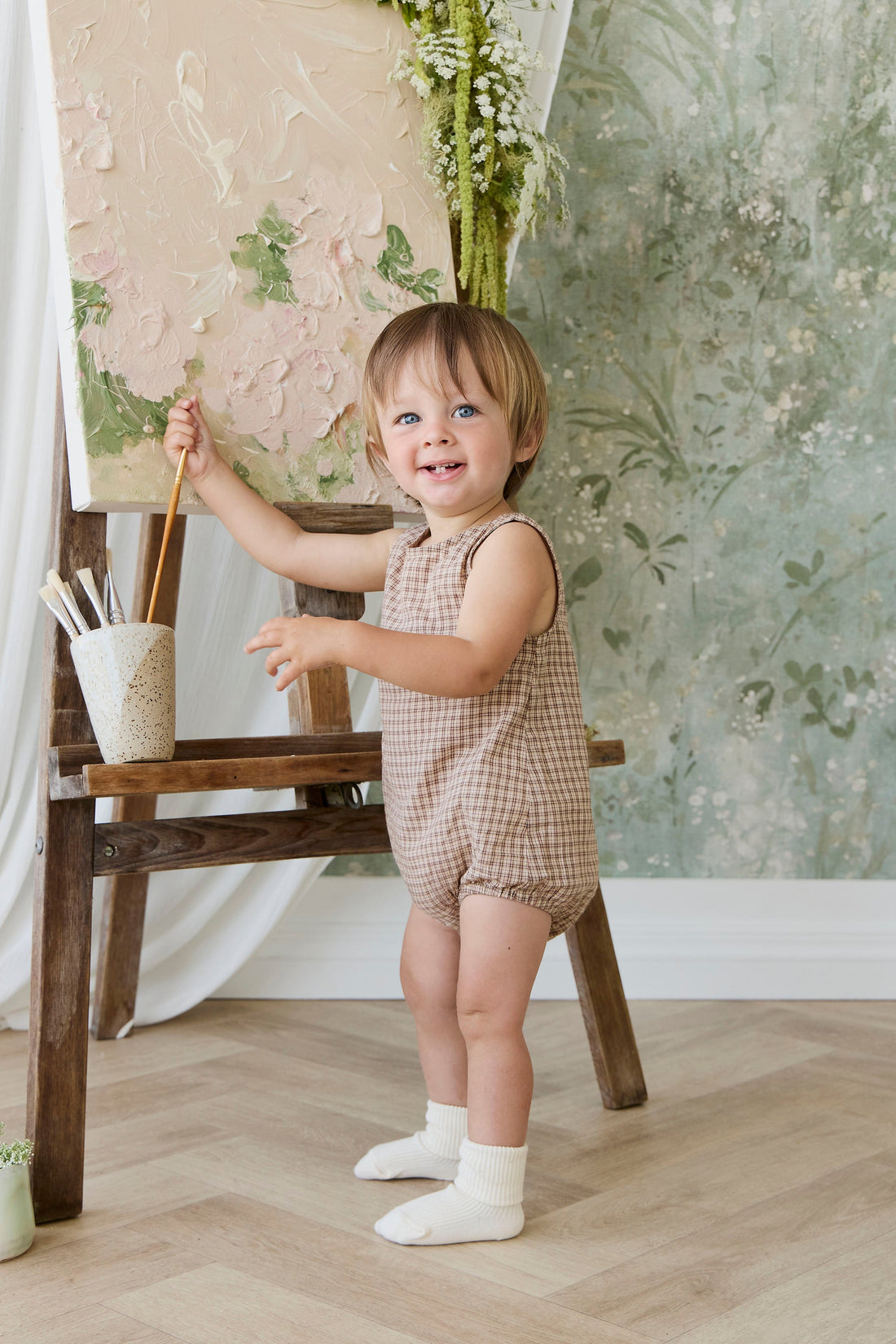 Organic Cotton Bentley Playsuit - Cabin Check Cocoa Childrens Playsuit from Jamie Kay Australia