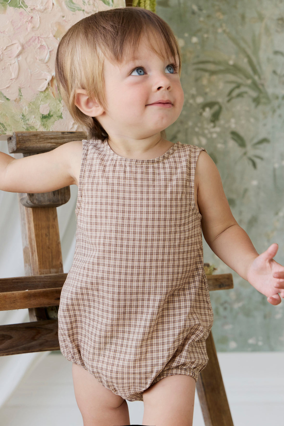 Organic Cotton Bentley Playsuit - Cabin Check Cocoa Childrens Playsuit from Jamie Kay Australia