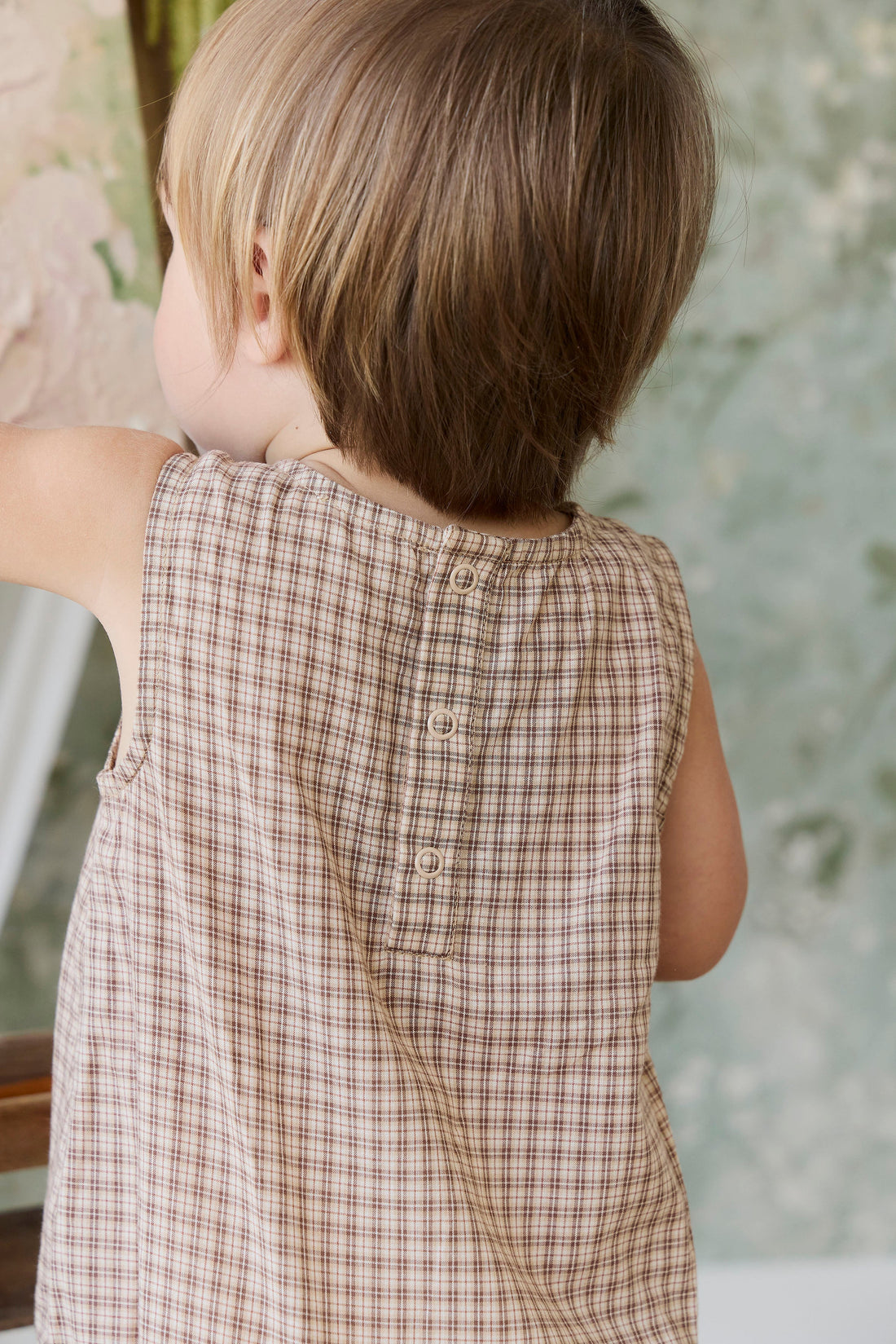 Organic Cotton Bentley Playsuit - Cabin Check Cocoa Childrens Playsuit from Jamie Kay Australia