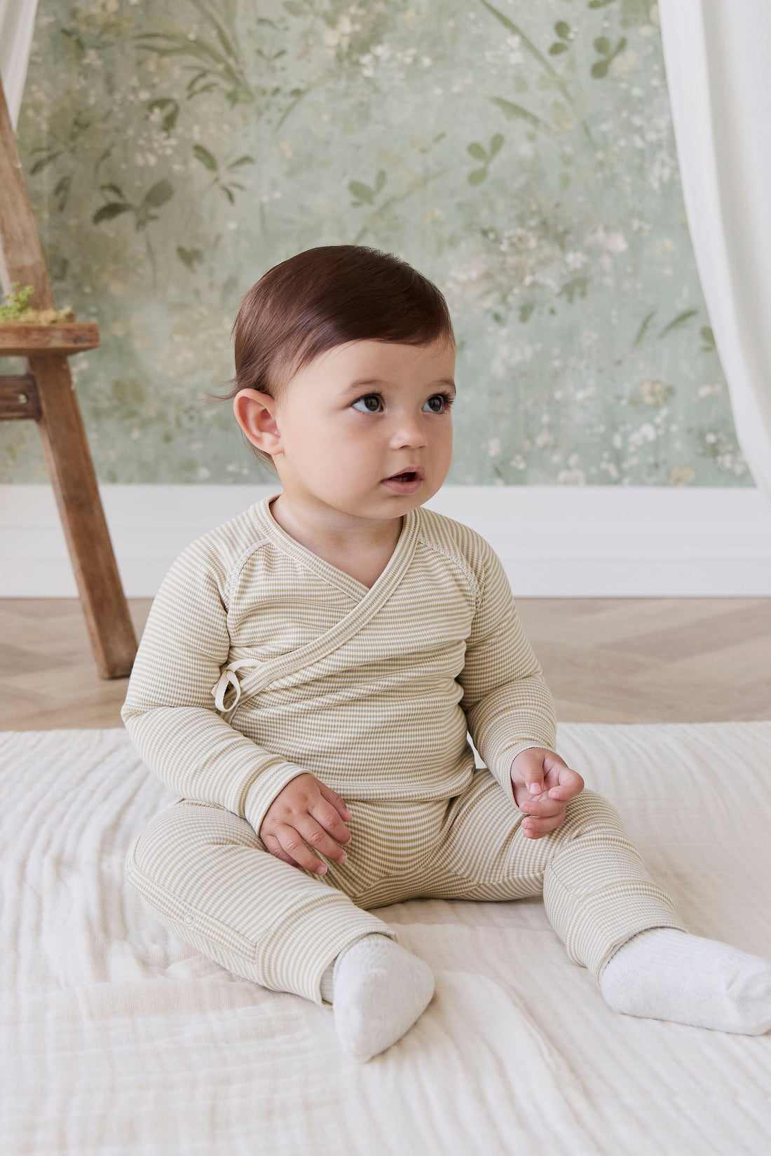 Organic Cotton Fine Rib Micah Wrap Onepiece - Petite Stripe Hay/Cloud Childrens Onepiece from Jamie Kay Australia