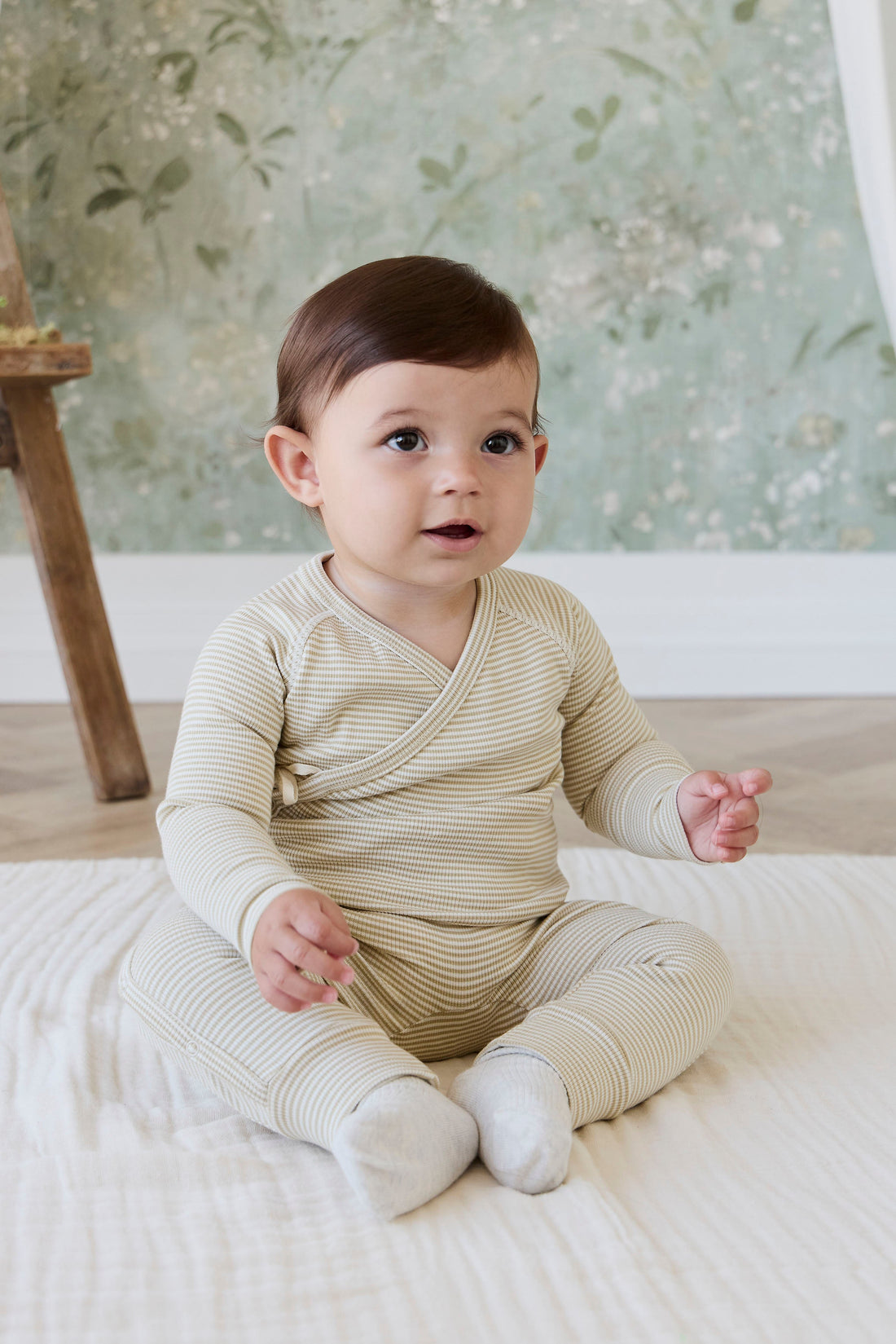 Organic Cotton Fine Rib Micah Wrap Onepiece - Petite Stripe Hay/Cloud Childrens Onepiece from Jamie Kay Australia