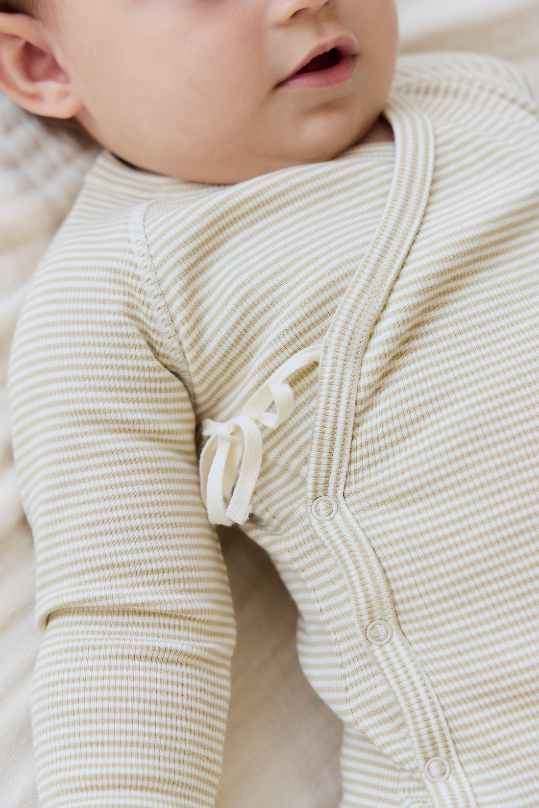 Organic Cotton Fine Rib Micah Wrap Onepiece - Petite Stripe Hay/Cloud Childrens Onepiece from Jamie Kay Australia