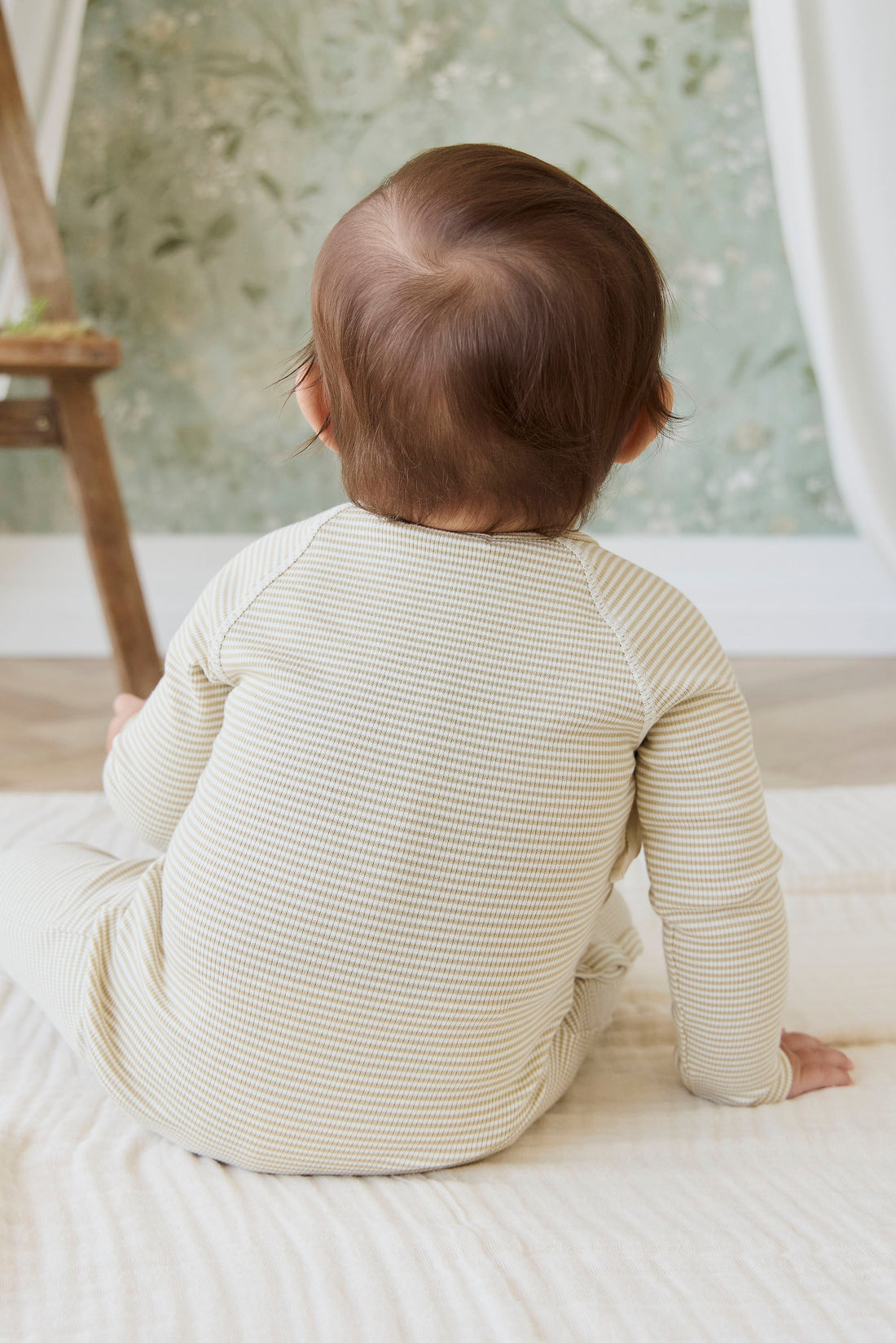 Organic Cotton Fine Rib Micah Wrap Onepiece - Petite Stripe Hay/Cloud Childrens Onepiece from Jamie Kay Australia