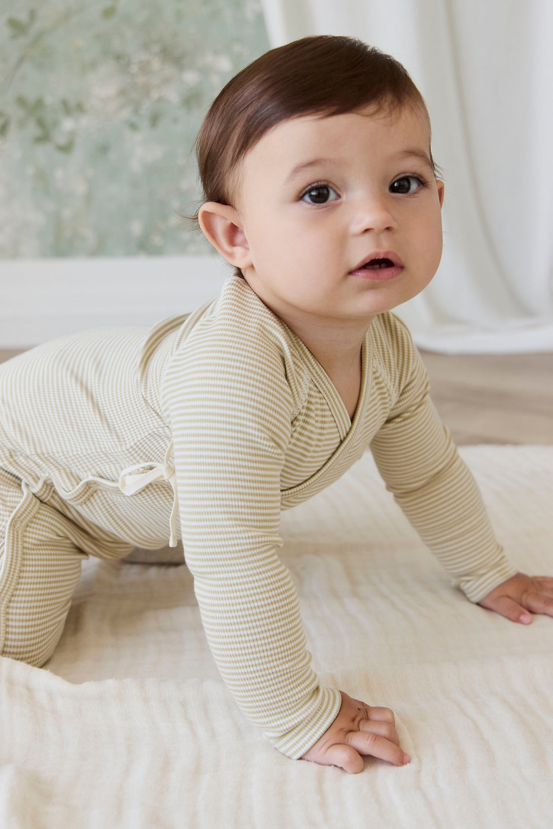 Organic Cotton Fine Rib Micah Wrap Onepiece - Petite Stripe Hay/Cloud Childrens Onepiece from Jamie Kay Australia