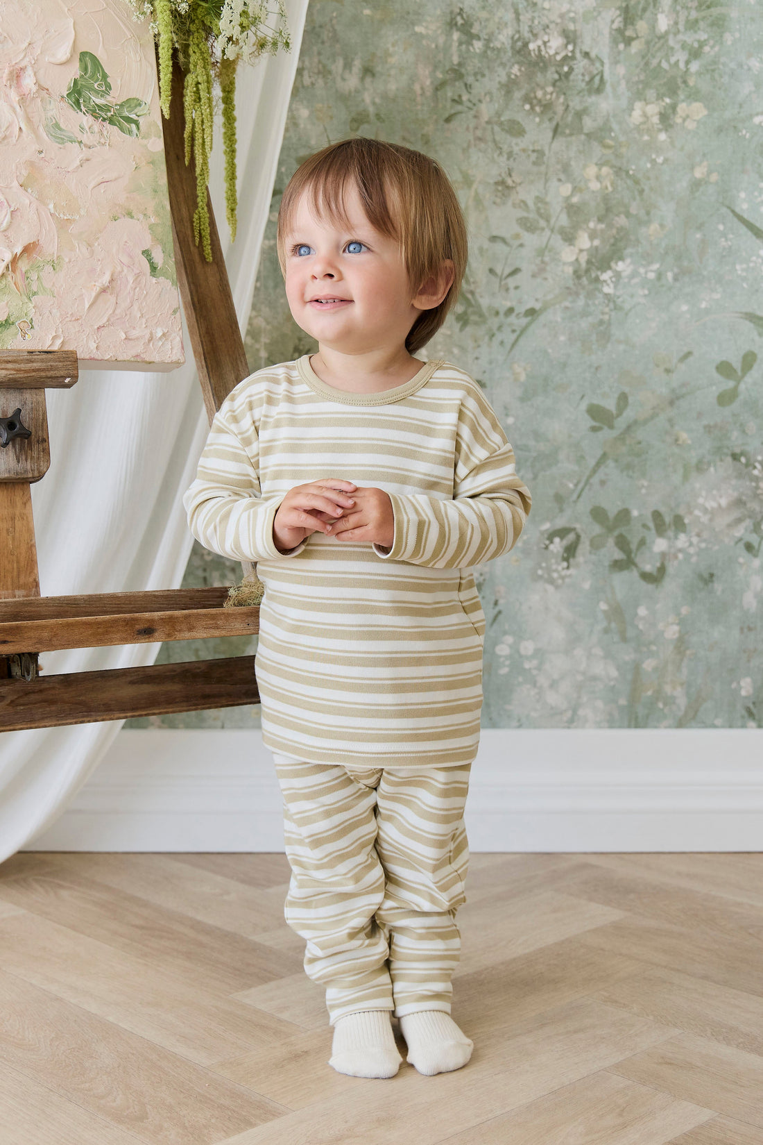 Pima Cotton Arnold Long Sleeve Top - Double Stripe Hay/Cloud Childrens Top from Jamie Kay Australia