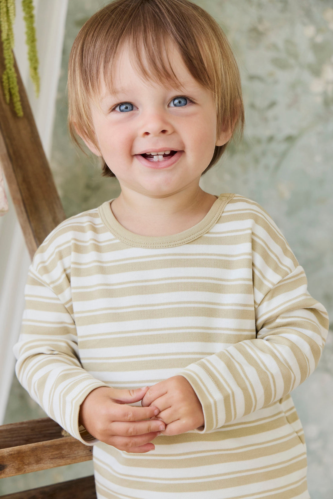 Pima Cotton Arnold Long Sleeve Top - Double Stripe Hay/Cloud Childrens Top from Jamie Kay Australia