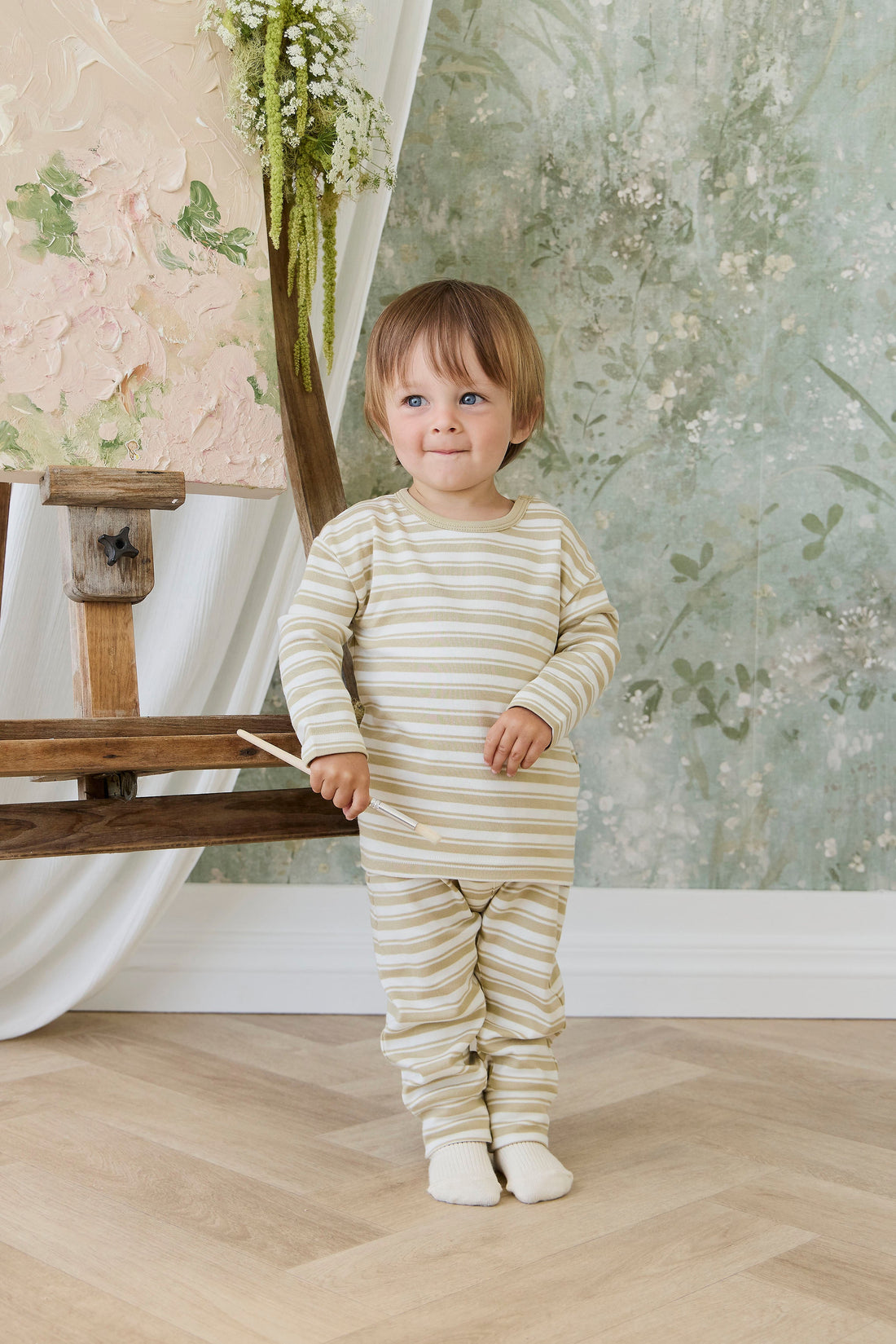 Pima Cotton Arnold Long Sleeve Top - Double Stripe Hay/Cloud Childrens Top from Jamie Kay Australia