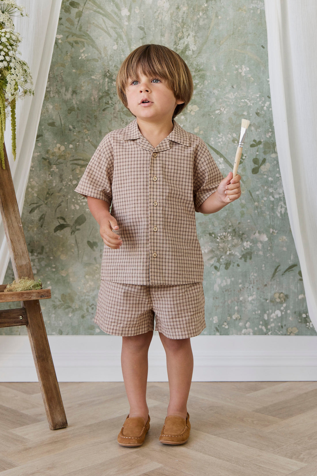 Organic Cotton Silas Shirt - Cabin Check Cocoa Childrens Top from Jamie Kay Australia