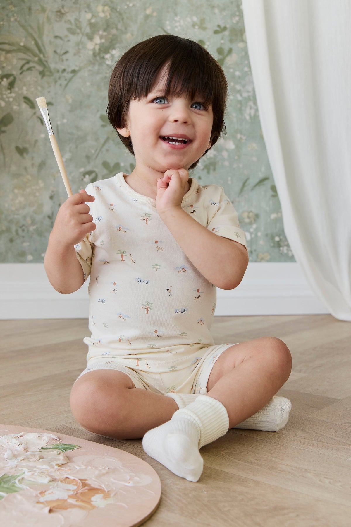 Organic Cotton Baker Short Sleeve Pyjama Set - Savannah Animals Tofu Childrens Pyjama from Jamie Kay Australia