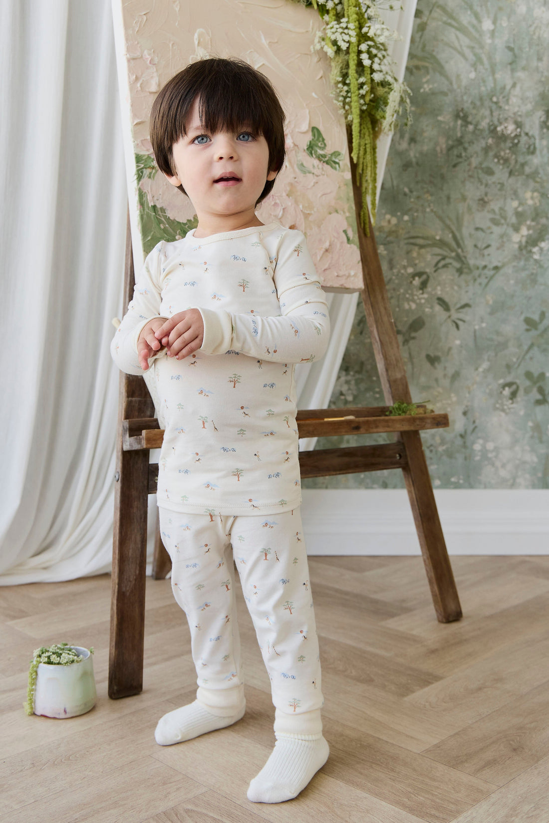 Organic Cotton Amory Long Sleeve Pyjama Set - Savannah Animals Tofu Childrens Pyjamas from Jamie Kay Australia