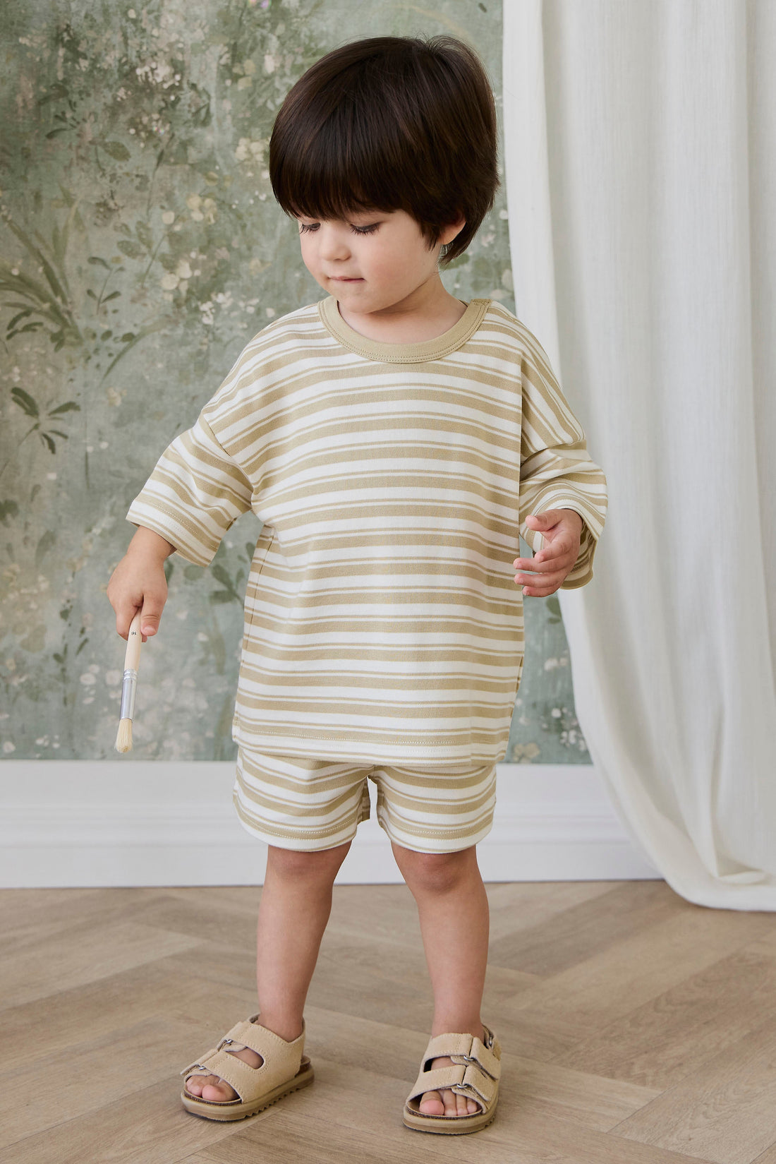 Pima Cotton Wesley Short - Double Stripe Hay/Cloud Childrens Shorts from Jamie Kay Australia