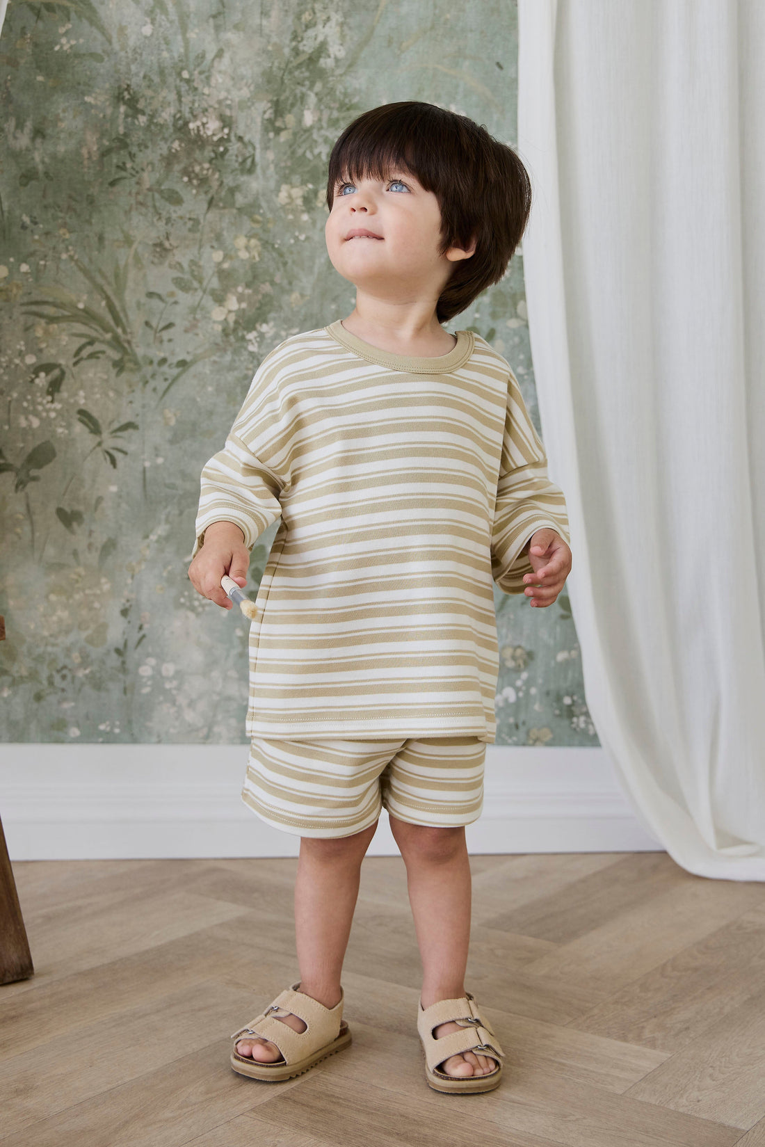 Pima Cotton Wesley Short - Double Stripe Hay/Cloud Childrens Shorts from Jamie Kay Australia