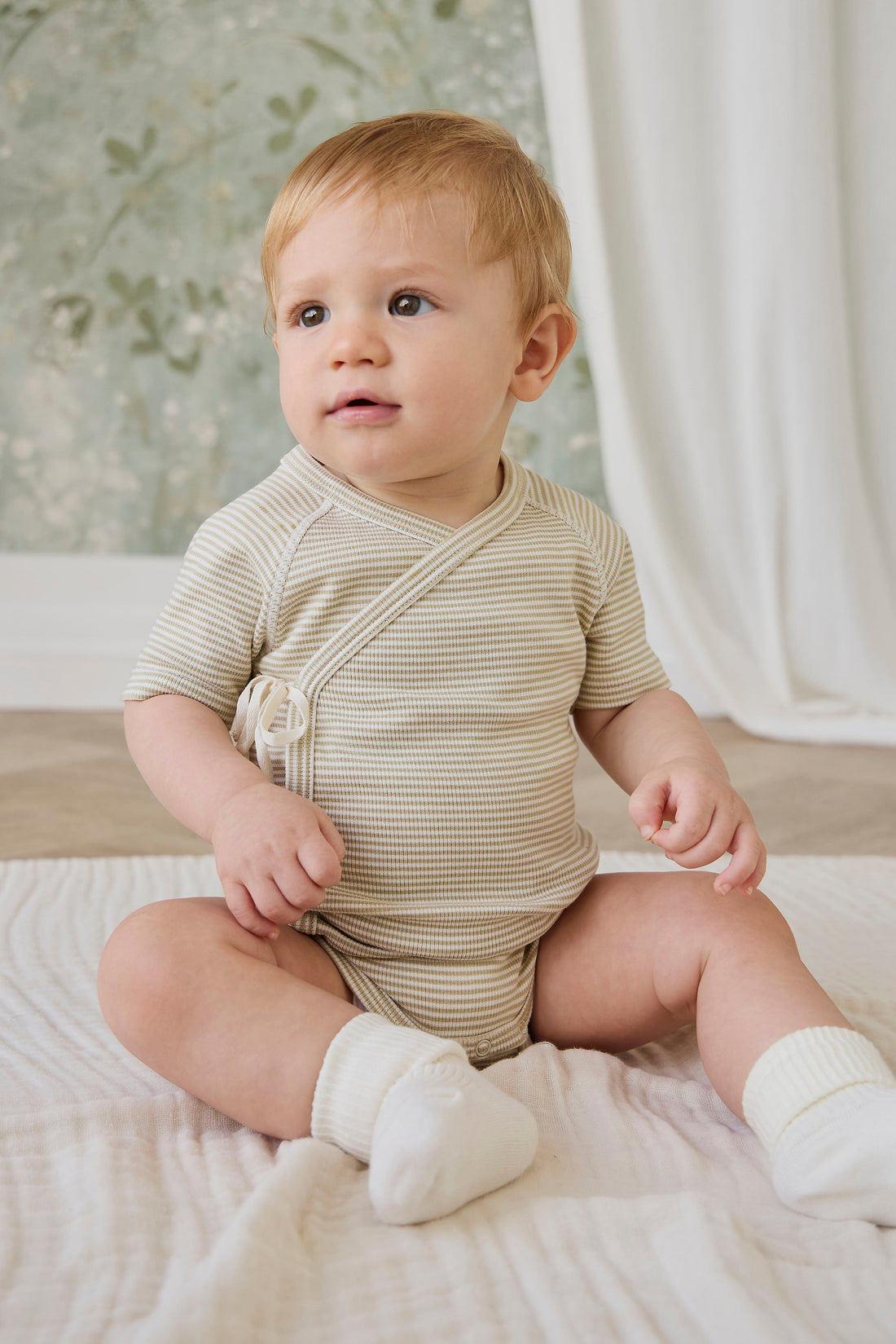Organic Cotton Fine Rib Micah Short Sleeve Playsuit - Petite Stripe Hay/Cloud Childrens Playsuit from Jamie Kay Australia