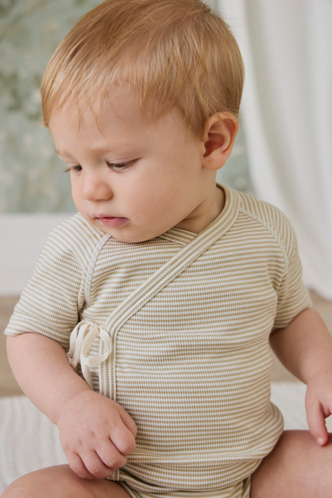 Organic Cotton Fine Rib Micah Short Sleeve Playsuit - Petite Stripe Hay/Cloud Childrens Playsuit from Jamie Kay Australia