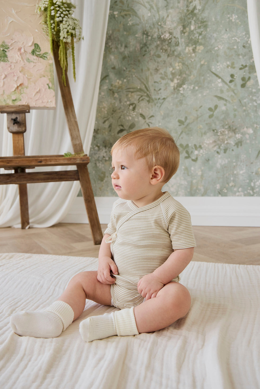 Organic Cotton Fine Rib Micah Short Sleeve Playsuit - Petite Stripe Hay/Cloud Childrens Playsuit from Jamie Kay Australia