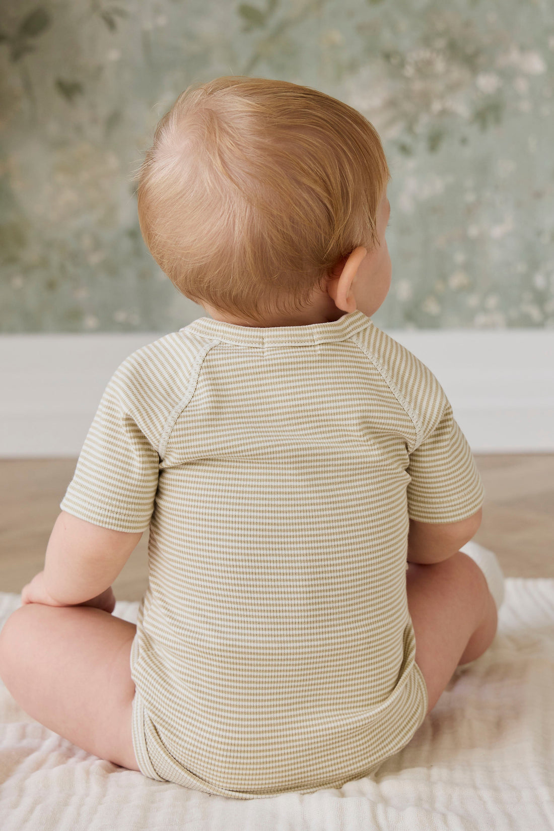 Organic Cotton Fine Rib Micah Short Sleeve Playsuit - Petite Stripe Hay/Cloud Childrens Playsuit from Jamie Kay Australia
