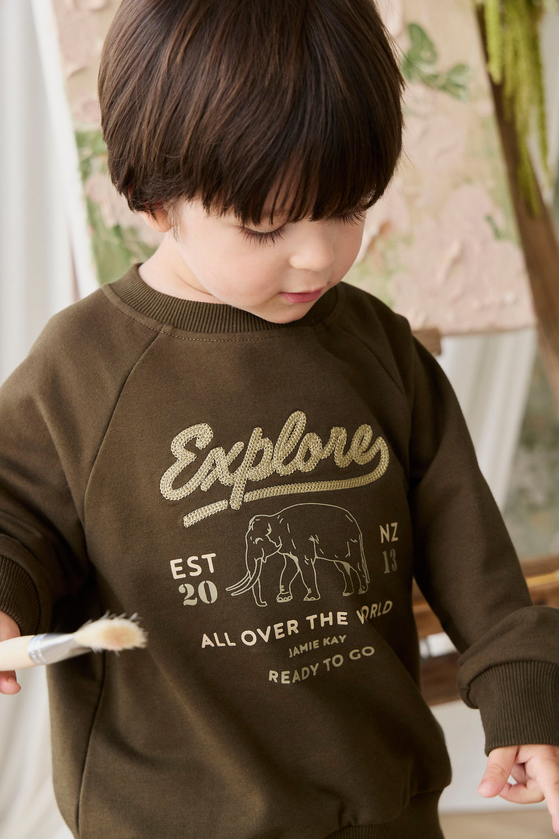 Organic Cotton Duncan Sweatshirt - Deep Olive Elephant Explore Childrens Sweatshirt from Jamie Kay Australia