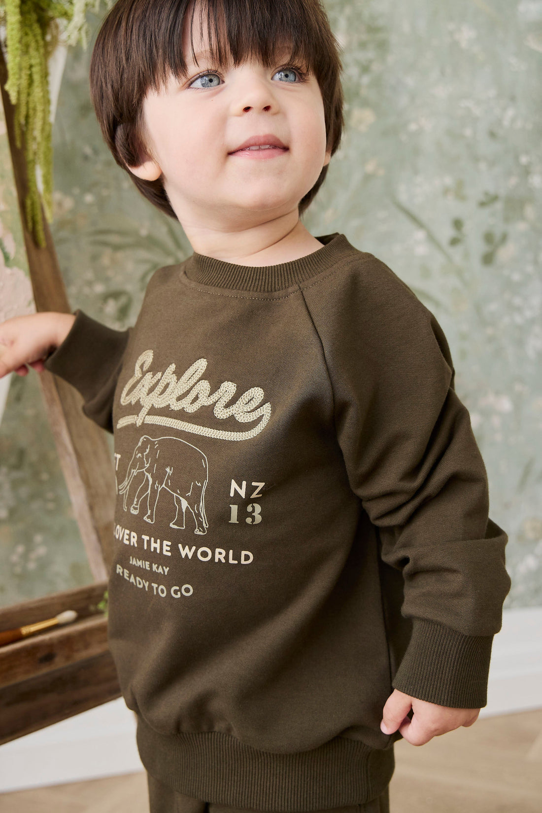 Organic Cotton Duncan Sweatshirt - Deep Olive Elephant Explore Childrens Sweatshirt from Jamie Kay Australia