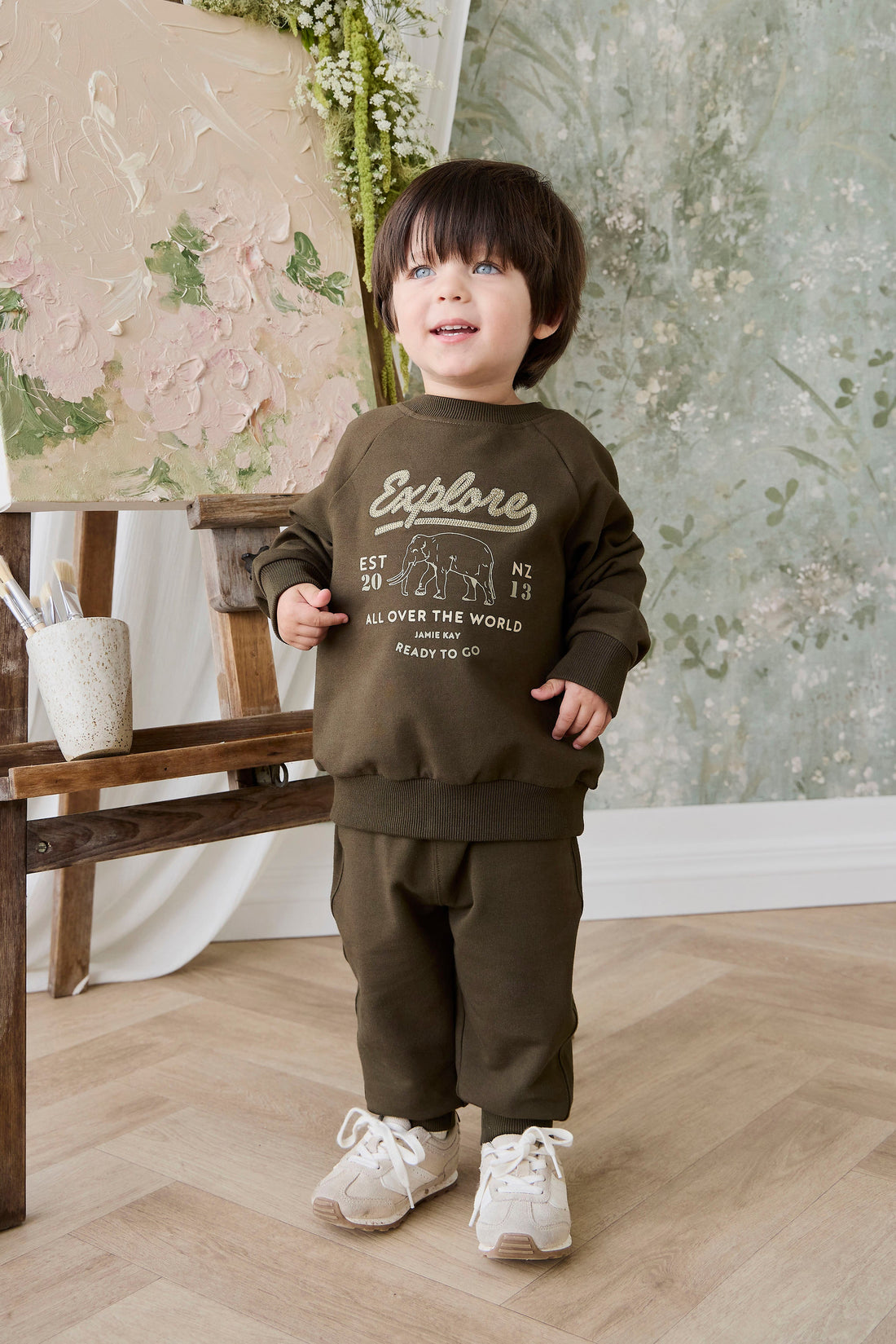 Organic Cotton Duncan Sweatshirt - Deep Olive Elephant Explore Childrens Sweatshirt from Jamie Kay Australia