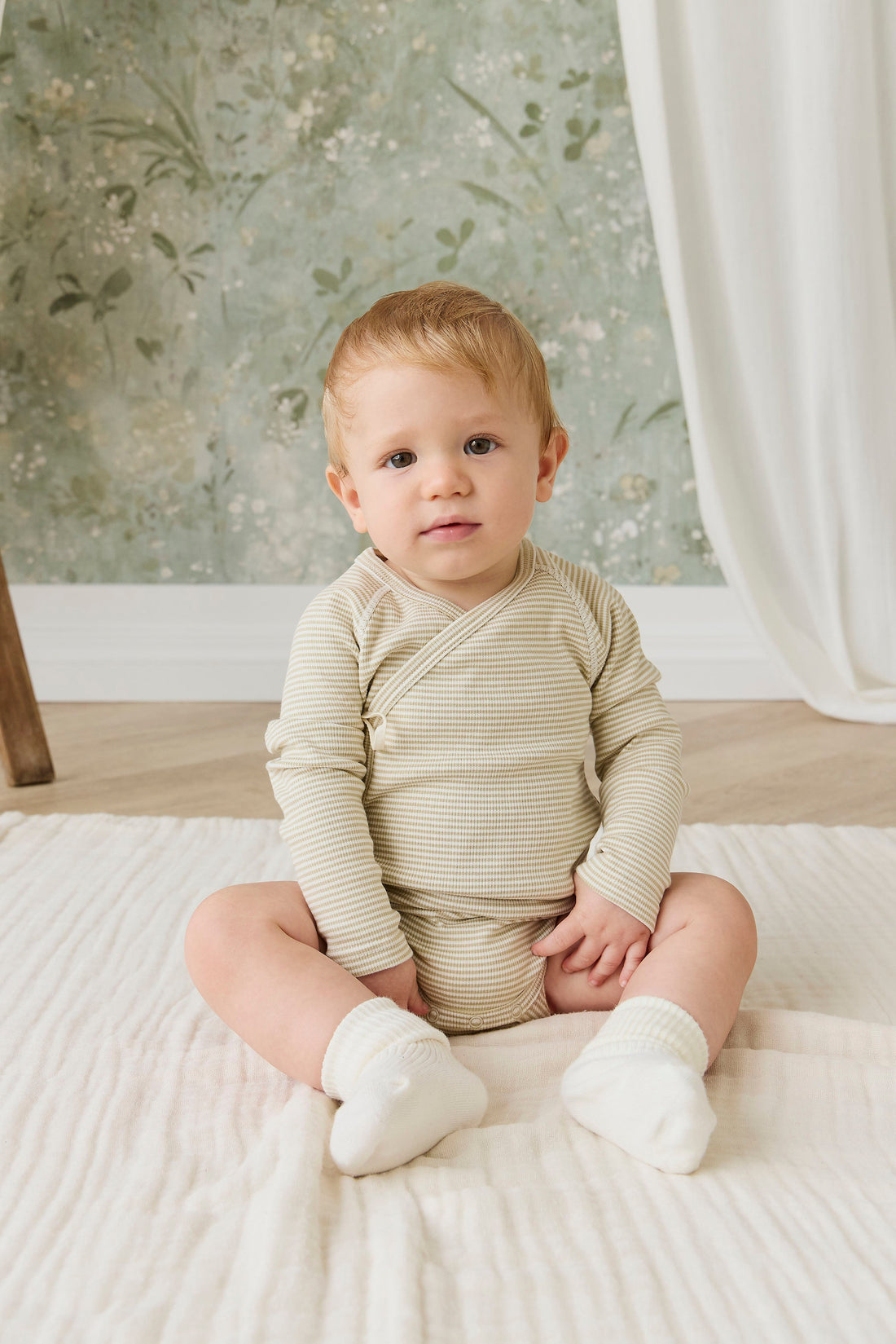 Organic Cotton Fine Rib Micah Long Sleeve Playsuit - Petite Stripe Hay/Cloud Childrens Playsuit from Jamie Kay Australia