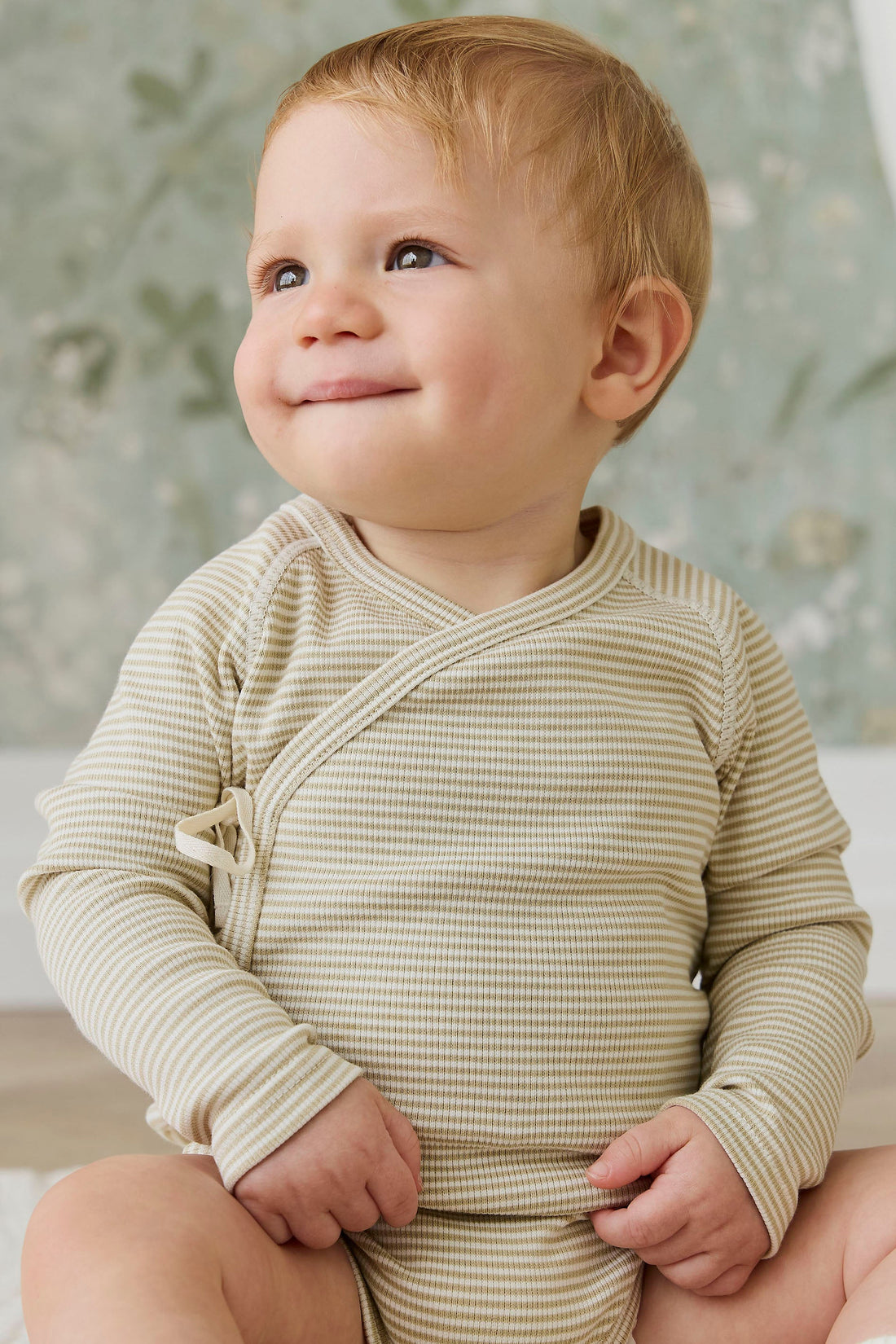 Organic Cotton Fine Rib Micah Long Sleeve Playsuit - Petite Stripe Hay/Cloud Childrens Playsuit from Jamie Kay Australia