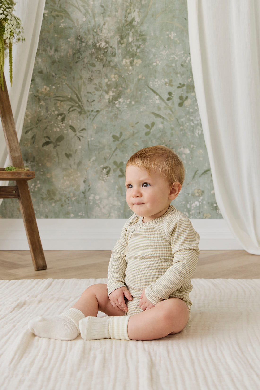 Organic Cotton Fine Rib Micah Long Sleeve Playsuit - Petite Stripe Hay/Cloud Childrens Playsuit from Jamie Kay Australia
