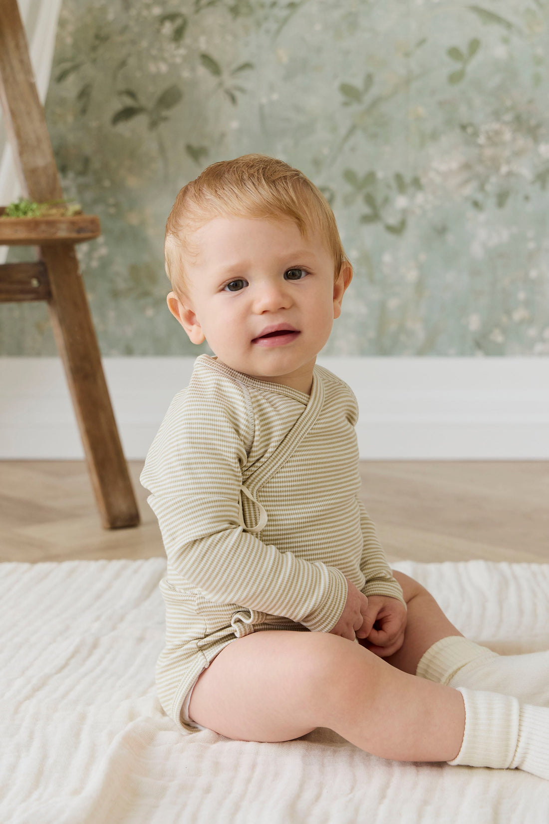 Organic Cotton Fine Rib Micah Long Sleeve Playsuit - Petite Stripe Hay/Cloud Childrens Playsuit from Jamie Kay Australia