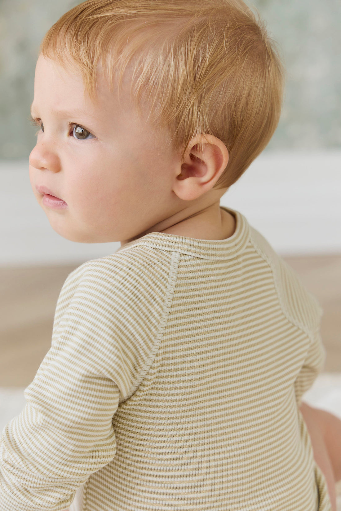 Organic Cotton Fine Rib Micah Long Sleeve Playsuit - Petite Stripe Hay/Cloud Childrens Playsuit from Jamie Kay Australia