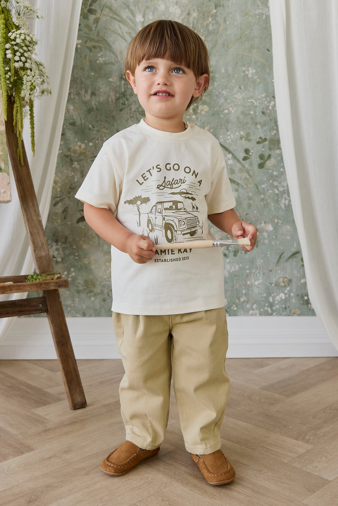 Organic Cotton Bjorn Tee - Parchment Safari Truck Childrens Top from Jamie Kay Australia