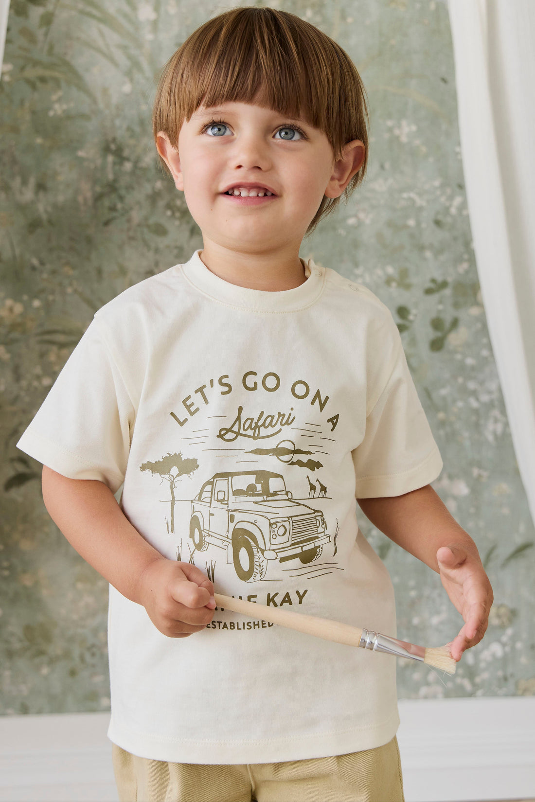 Organic Cotton Bjorn Tee - Parchment Safari Truck Childrens Top from Jamie Kay Australia