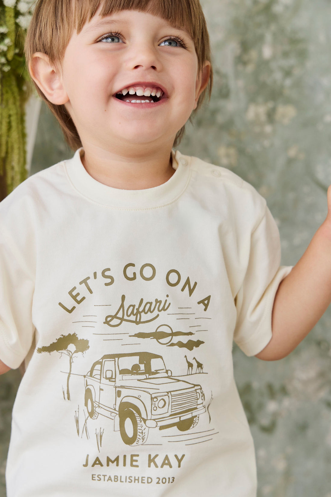 Organic Cotton Bjorn Tee - Parchment Safari Truck Childrens Top from Jamie Kay Australia