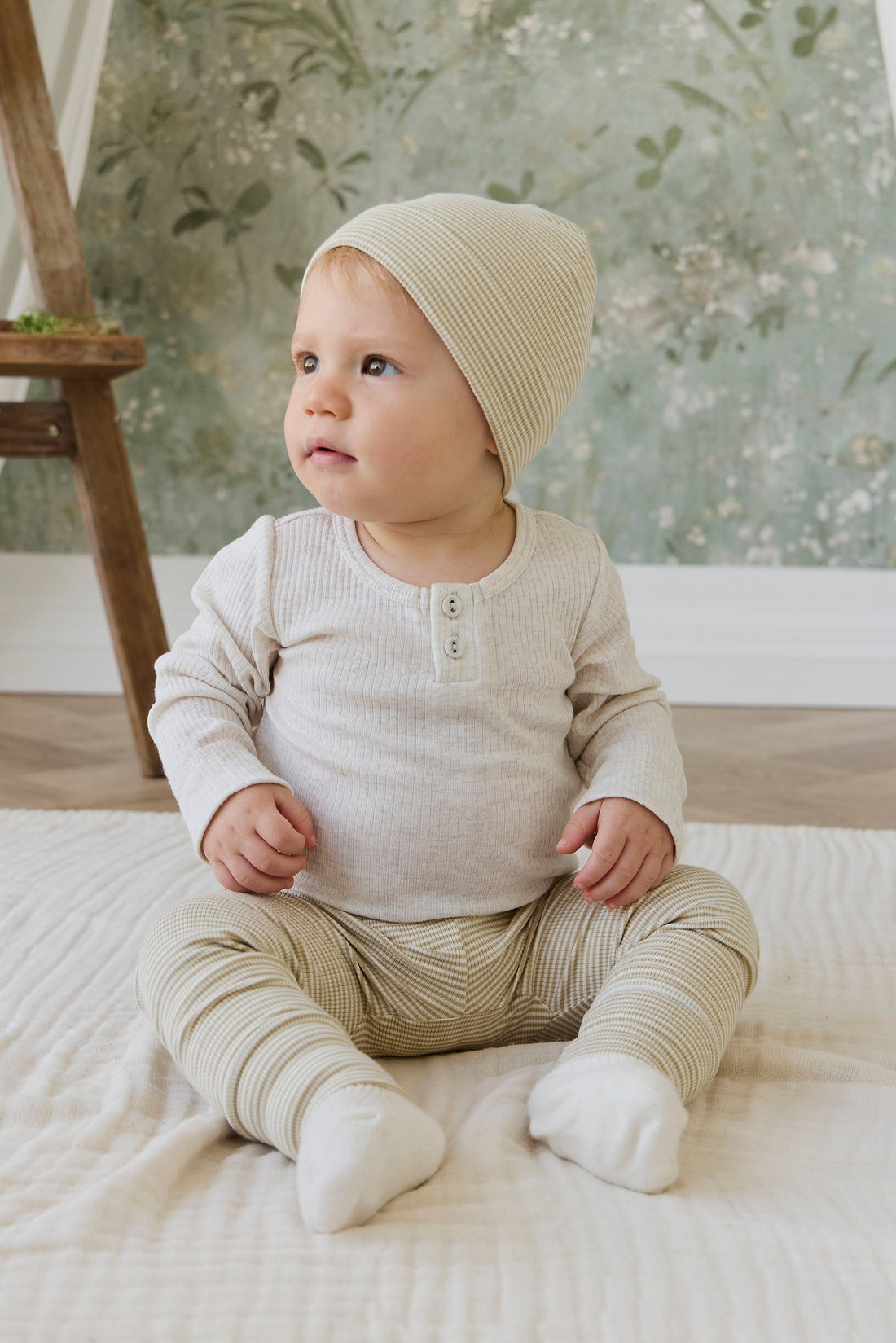 Organic Cotton Fine Rib Wiley Legging - Petite Stripe Hay/Cloud Childrens Legging from Jamie Kay Australia