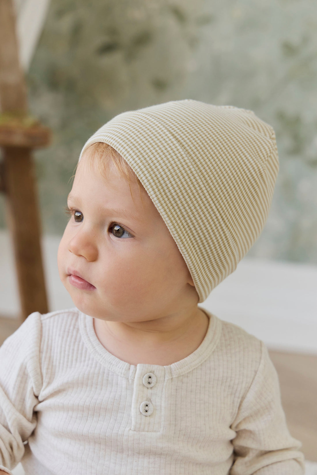 Organic Cotton Fine Rib Micah Beanie - Petite Stripe Hay/Cloud Childrens Hat from Jamie Kay Australia