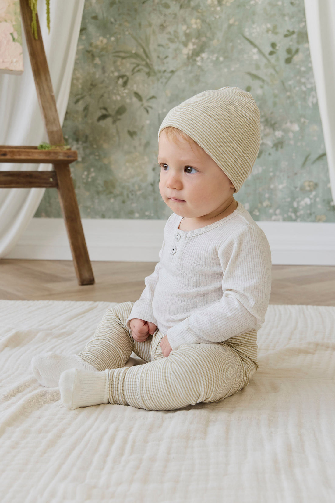 Organic Cotton Fine Rib Wiley Legging - Petite Stripe Hay/Cloud Childrens Legging from Jamie Kay Australia