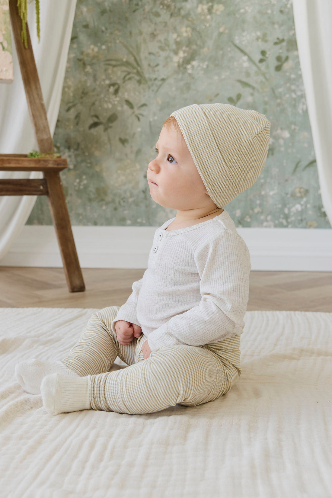 Organic Cotton Fine Rib Micah Beanie - Petite Stripe Hay/Cloud Childrens Hat from Jamie Kay Australia