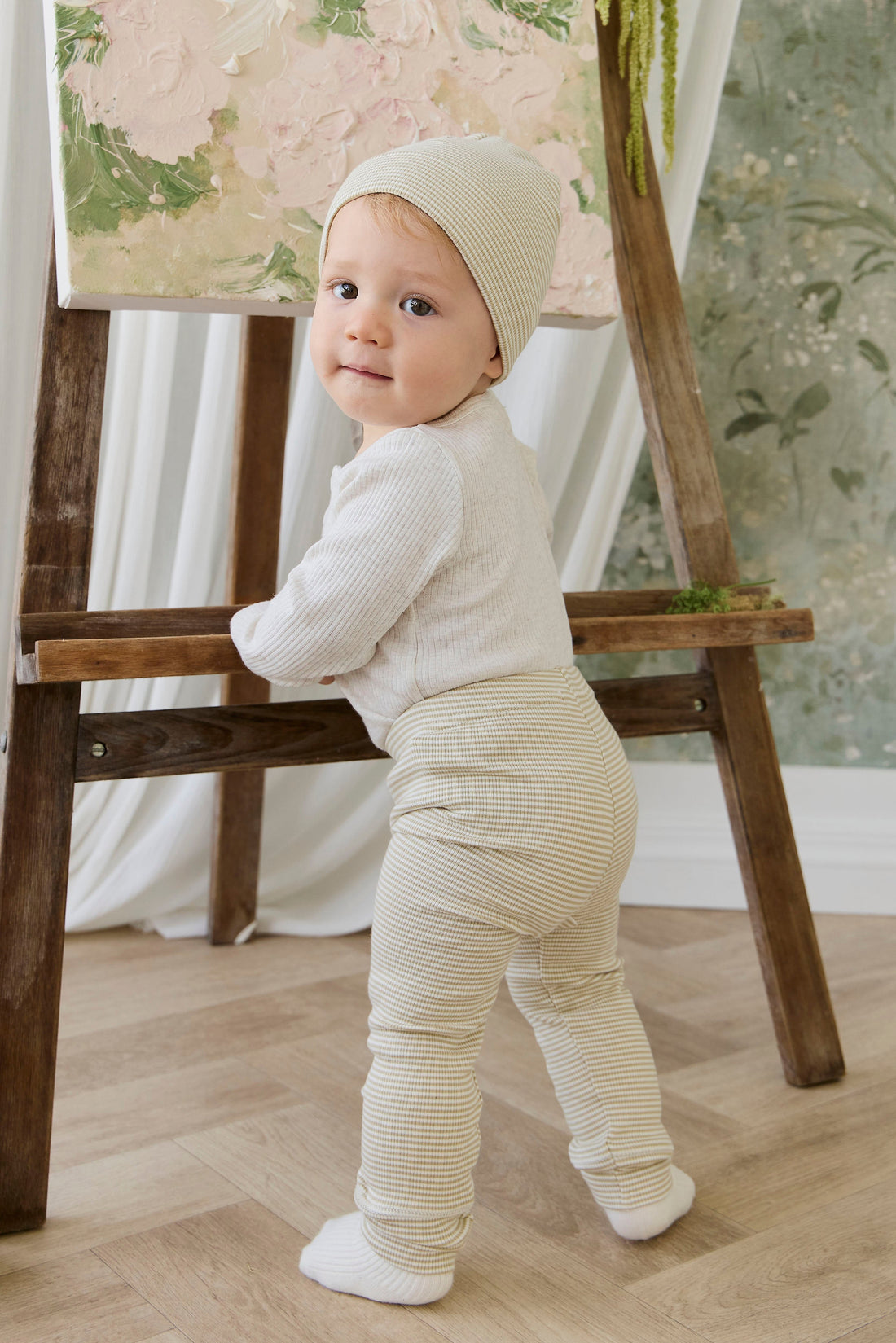 Organic Cotton Fine Rib Wiley Legging - Petite Stripe Hay/Cloud Childrens Legging from Jamie Kay Australia