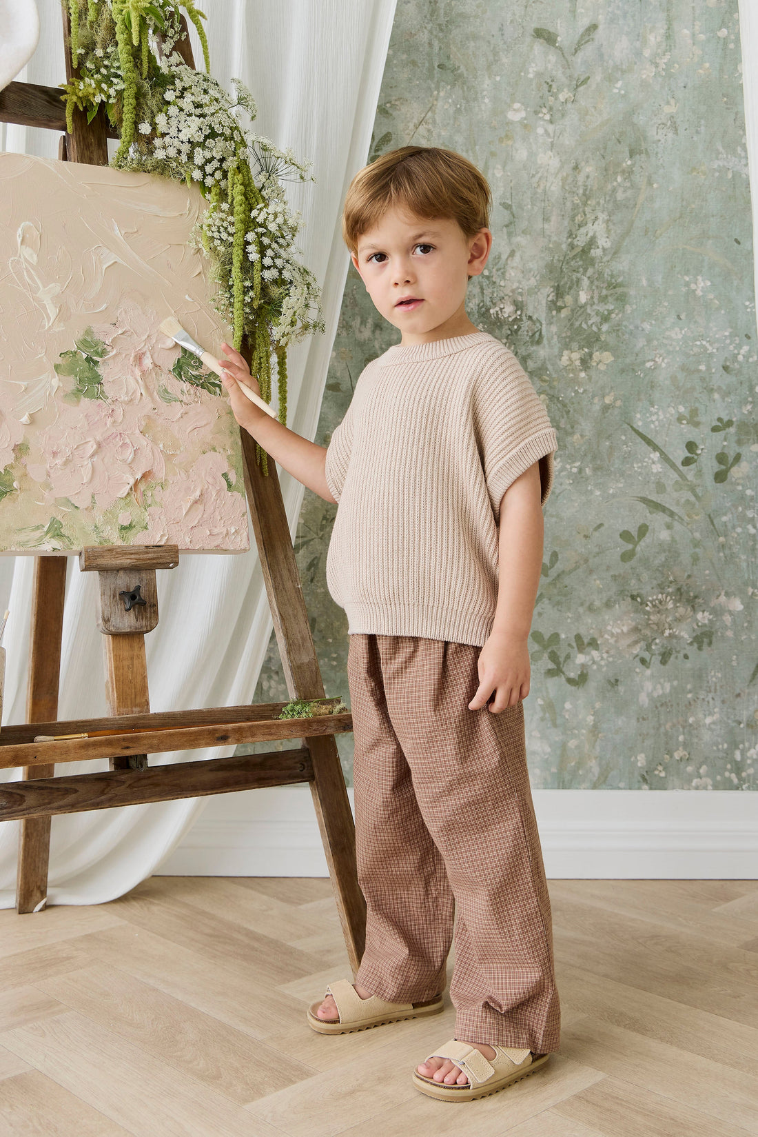 Organic Cotton Kenji Pant - Double Windowpane Check Oud/Hay Childrens Pant from Jamie Kay Australia