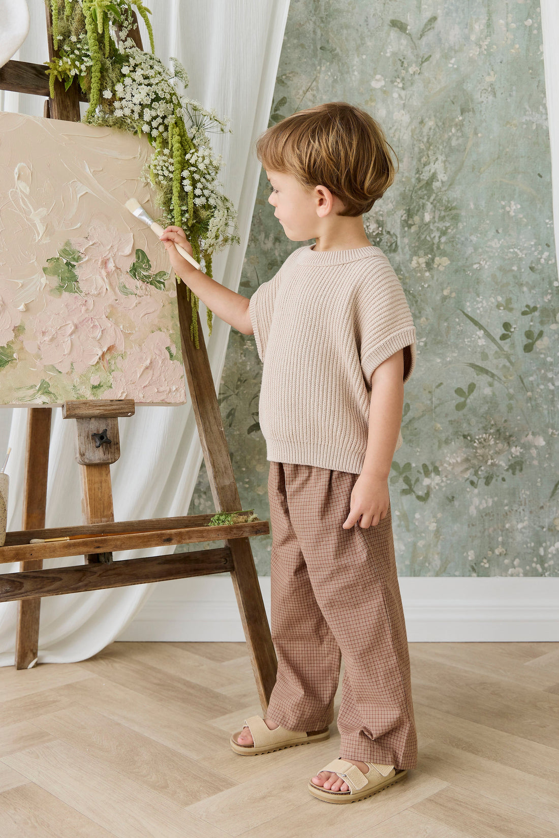 Organic Cotton Kenji Pant - Double Windowpane Check Oud/Hay Childrens Pant from Jamie Kay Australia