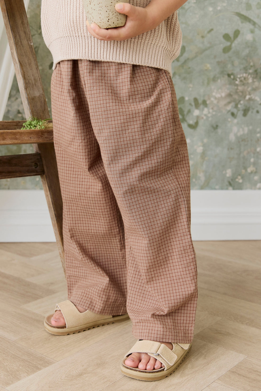 Organic Cotton Kenji Pant - Double Windowpane Check Oud/Hay Childrens Pant from Jamie Kay Australia