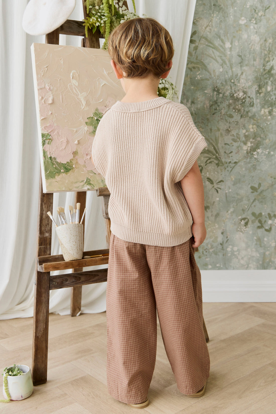 Organic Cotton Kenji Pant - Double Windowpane Check Oud/Hay Childrens Pant from Jamie Kay Australia