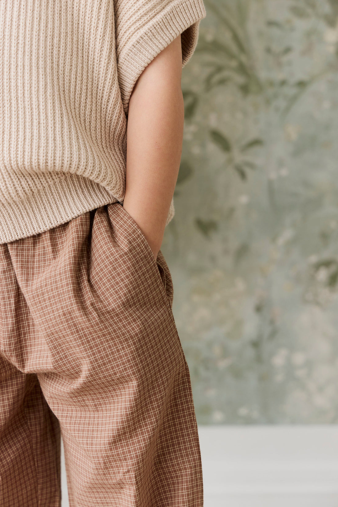 Organic Cotton Kenji Pant - Double Windowpane Check Oud/Hay Childrens Pant from Jamie Kay Australia