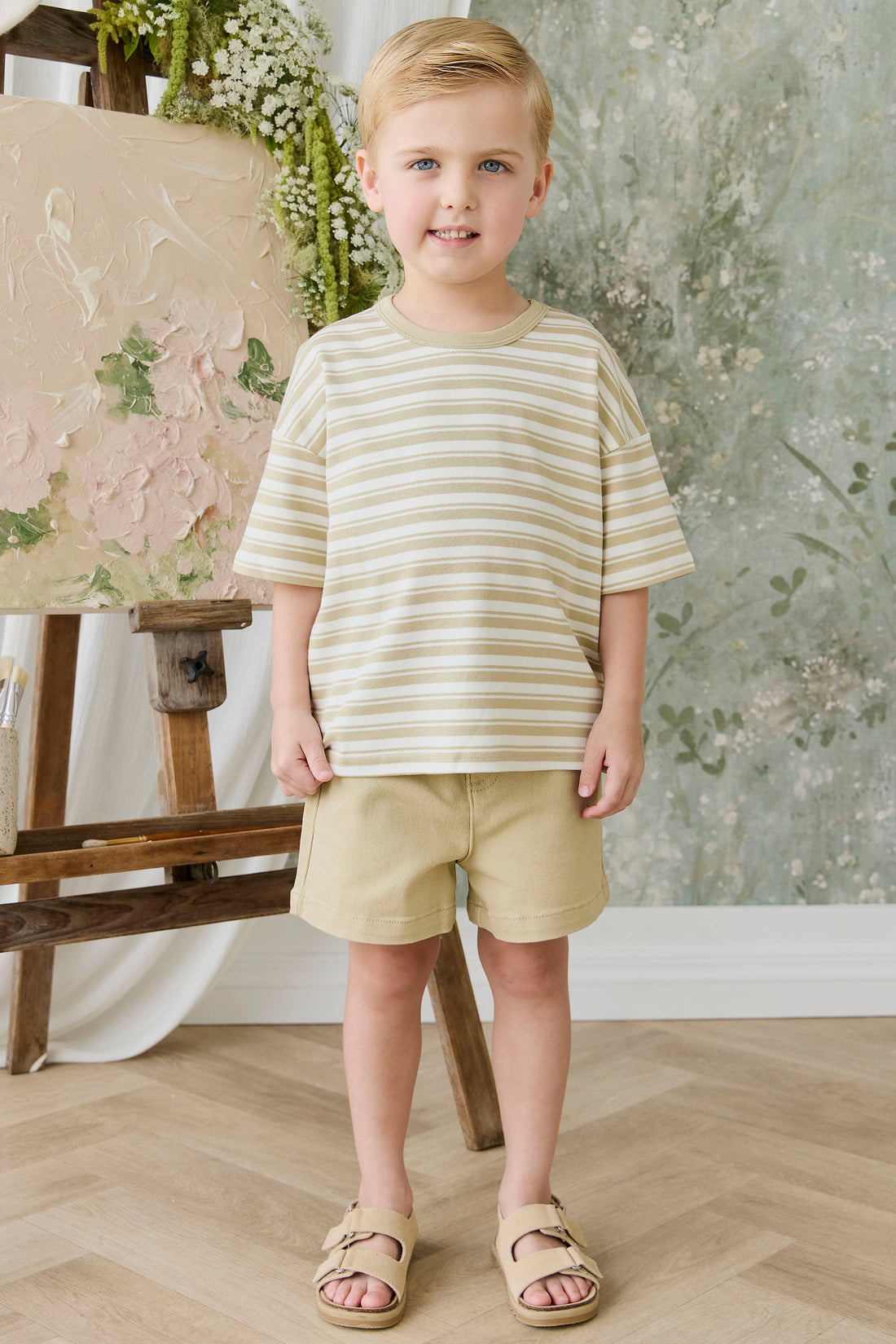 Pima Cotton Wesley Tee - Double Stripe Hay/Cloud Childrens Top from Jamie Kay Australia