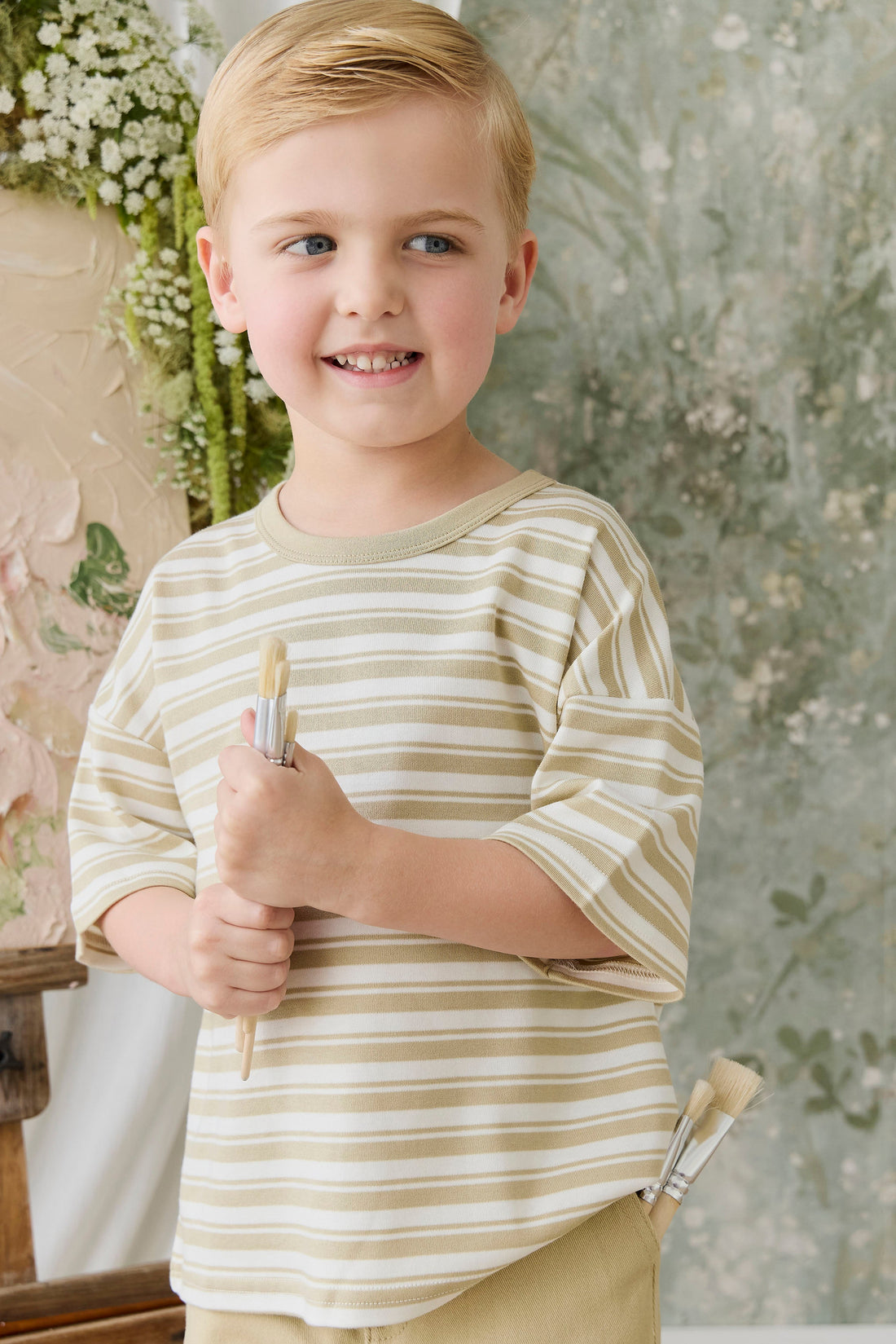 Pima Cotton Wesley Tee - Double Stripe Hay/Cloud Childrens Top from Jamie Kay Australia