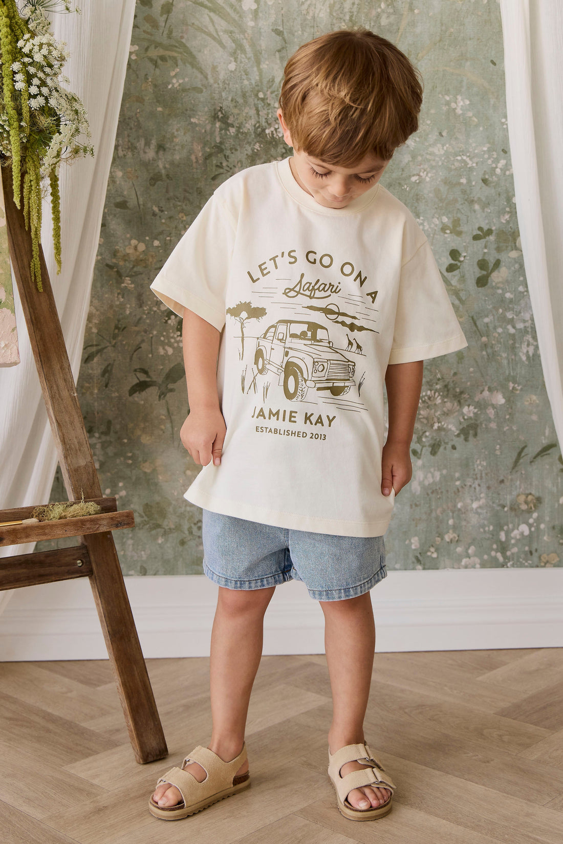 Organic Cotton Bjorn Tee - Parchment Safari Truck Childrens Top from Jamie Kay Australia