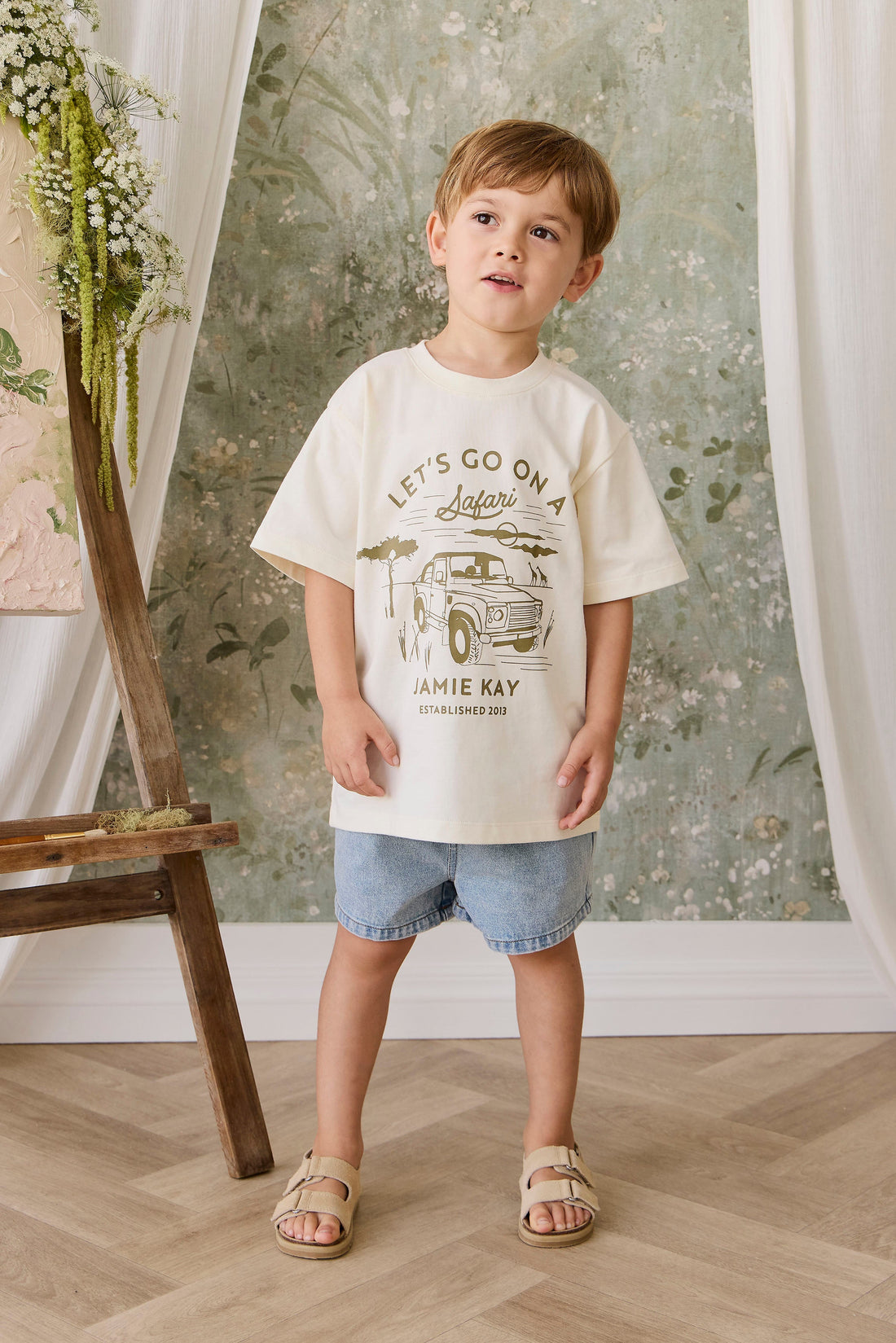 Organic Cotton Bjorn Tee - Parchment Safari Truck Childrens Top from Jamie Kay Australia