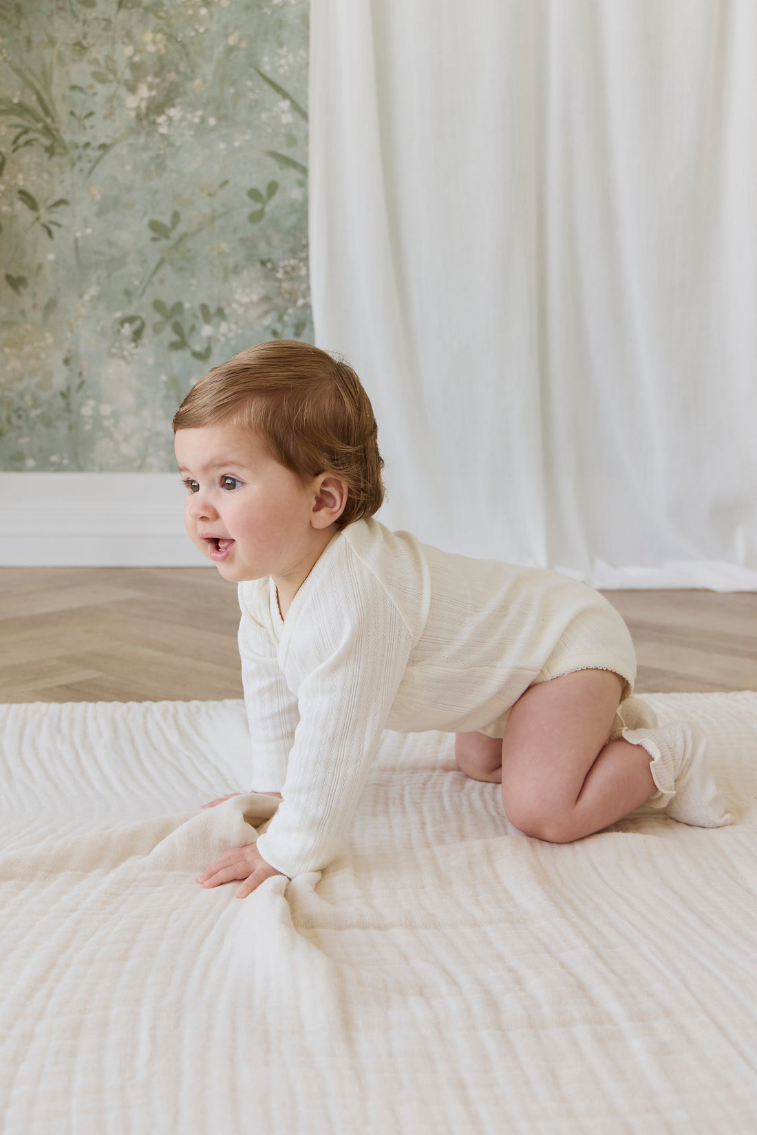 Organic Cotton Pointelle Marina Bodysuit - Parchment Childrens Bodysuit from Jamie Kay Australia