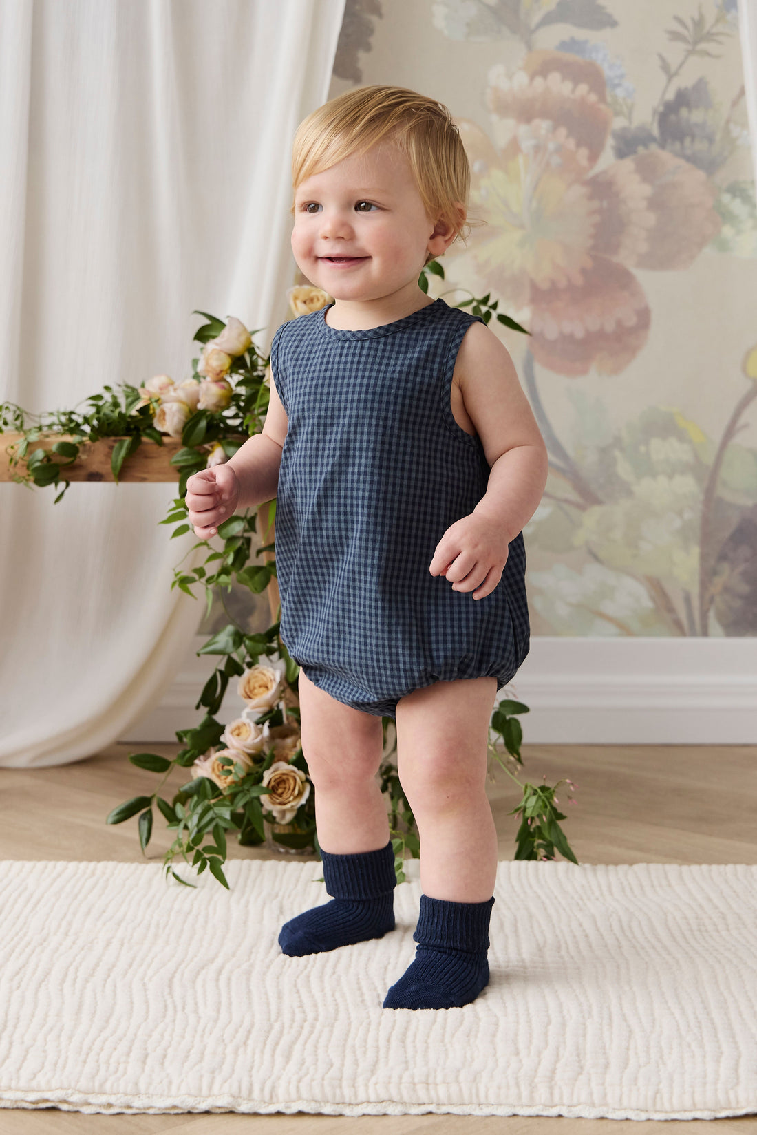 Organic Cotton Bentley Playsuit - Tiny Gingham Maritime Childrens Playsuit from Jamie Kay Australia