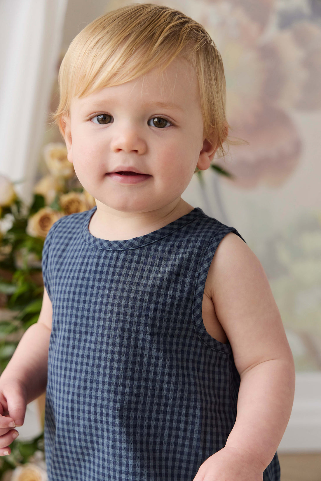 Organic Cotton Bentley Playsuit - Tiny Gingham Maritime Childrens Playsuit from Jamie Kay Australia