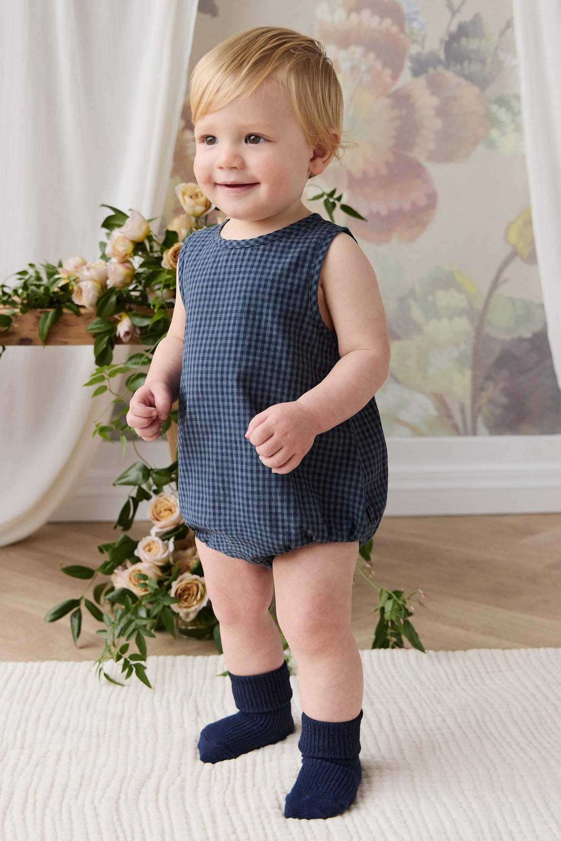 Organic Cotton Bentley Playsuit - Tiny Gingham Maritime Childrens Playsuit from Jamie Kay Australia